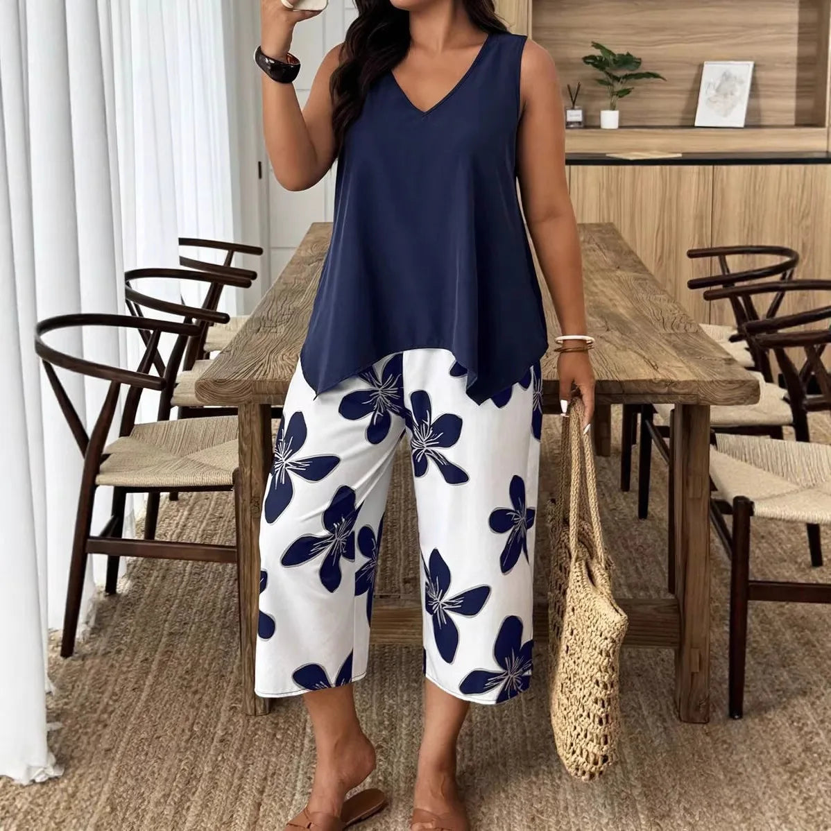 Nerina™ Asymmetric Sleeveless Top Set With Floral Cropped Wide-Leg Pants
