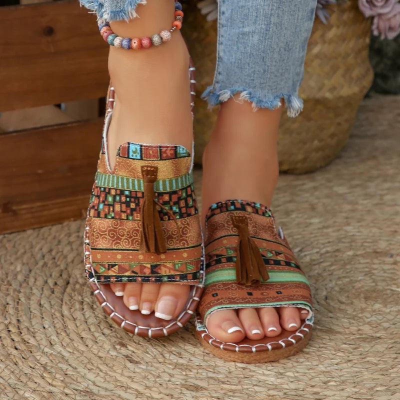 Marivelle™ Sandal With Ethnic Print And Decorative Tassels