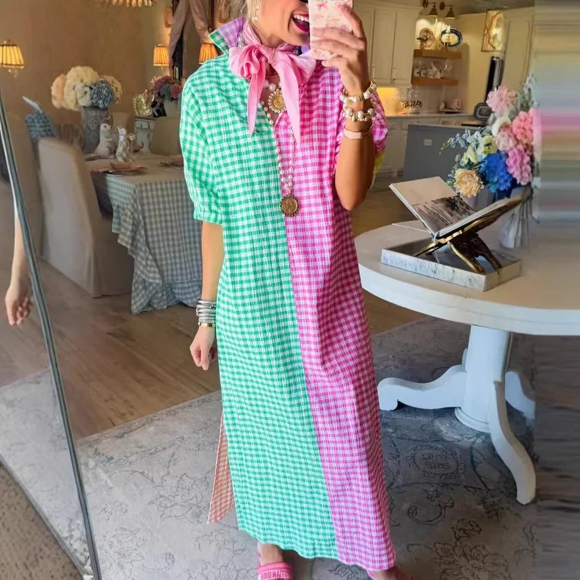 Colorie™ Dress With Shirt Collar And Color-Block Gingham Pattern