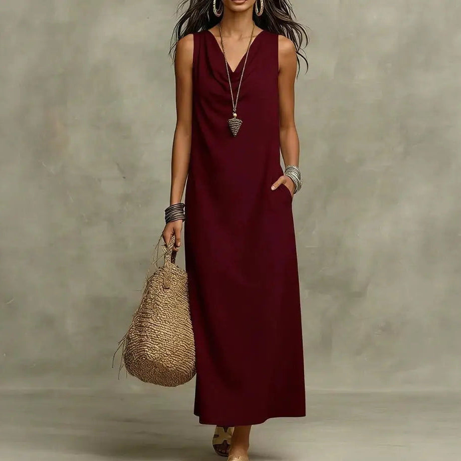 Aveline™ Long Maxi Dress in Cotton-Linen with Draped Neckline and Side Pockets