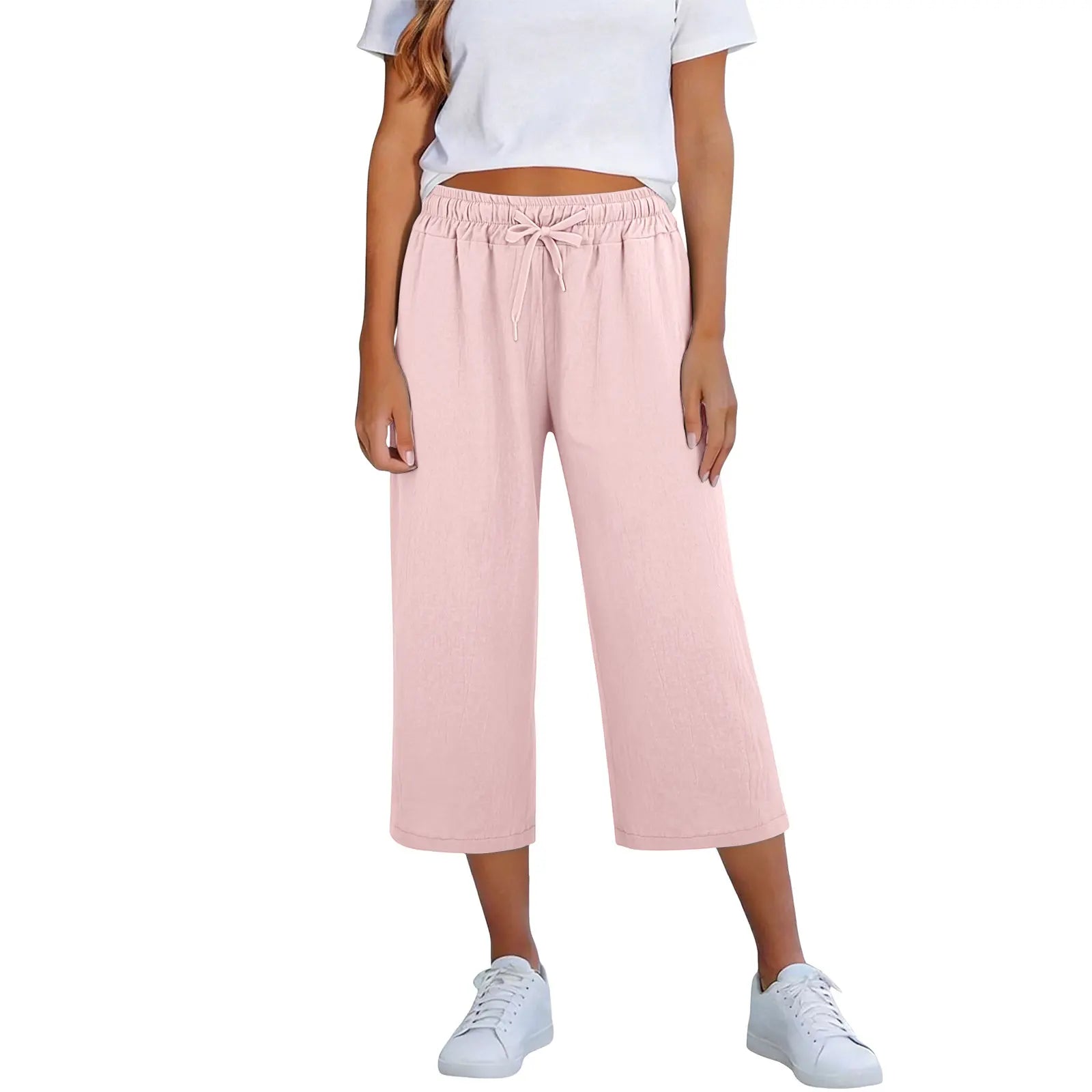 Lisia™ Cotton Linen Cropped Wide-Leg Pants With Elastic Waist And Adjustable Drawstring