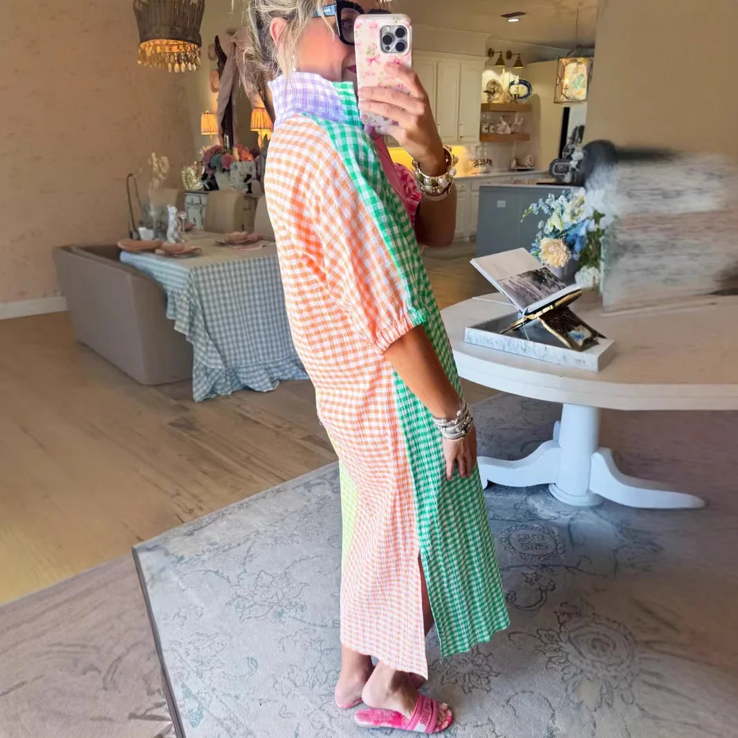 Colorie™ Dress With Shirt Collar And Color-Block Gingham Pattern