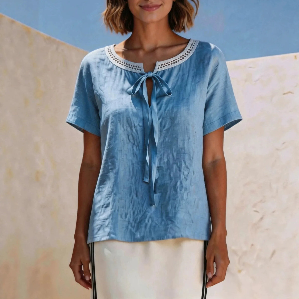 Valisse™ Blouse with Delicate Bow and Handcrafted Eyelet Lace at the Neckline
