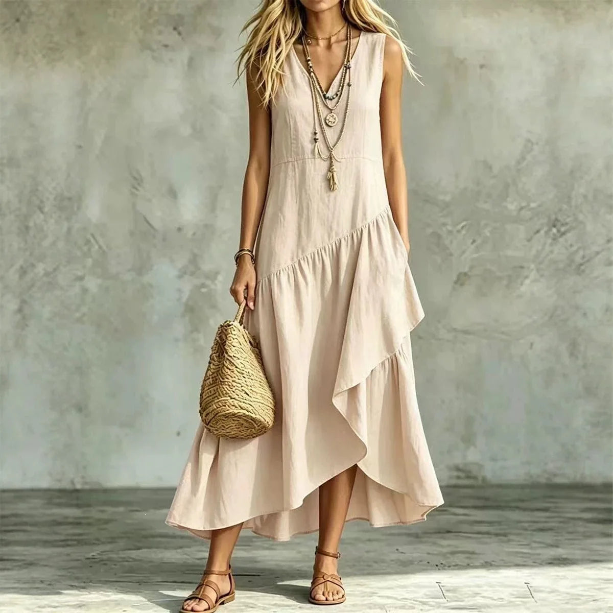 Liorah™ V-Neck Dress with a Flowing Layered Asymmetrical Skirt