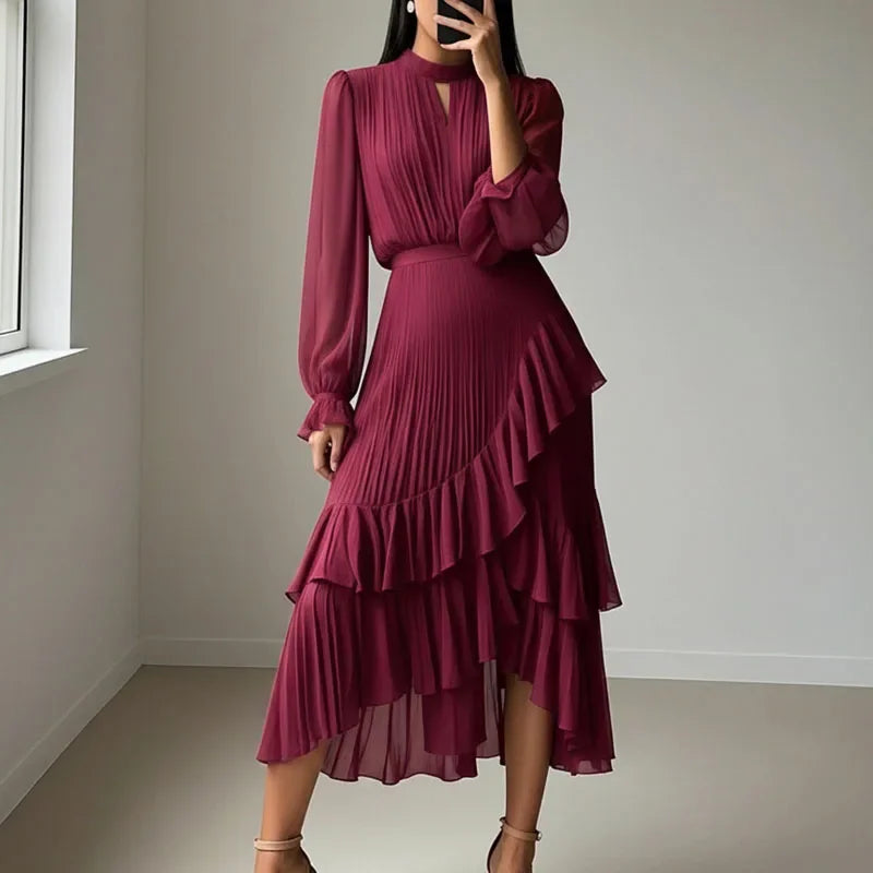 Lioren™ Dress with Sophisticated Pleats and Asymmetrical Ruffles