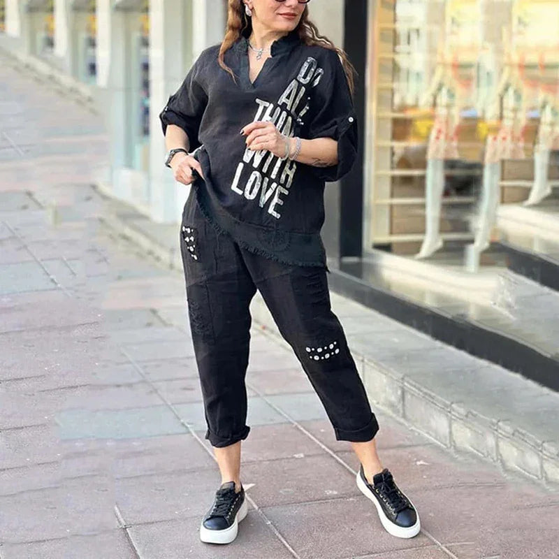 Vogue Street™ Cotton Linen Set with Metallic Print and Embroidered Cargo Pants / The Perfect Balance Between Comfort and Contemporary Style!