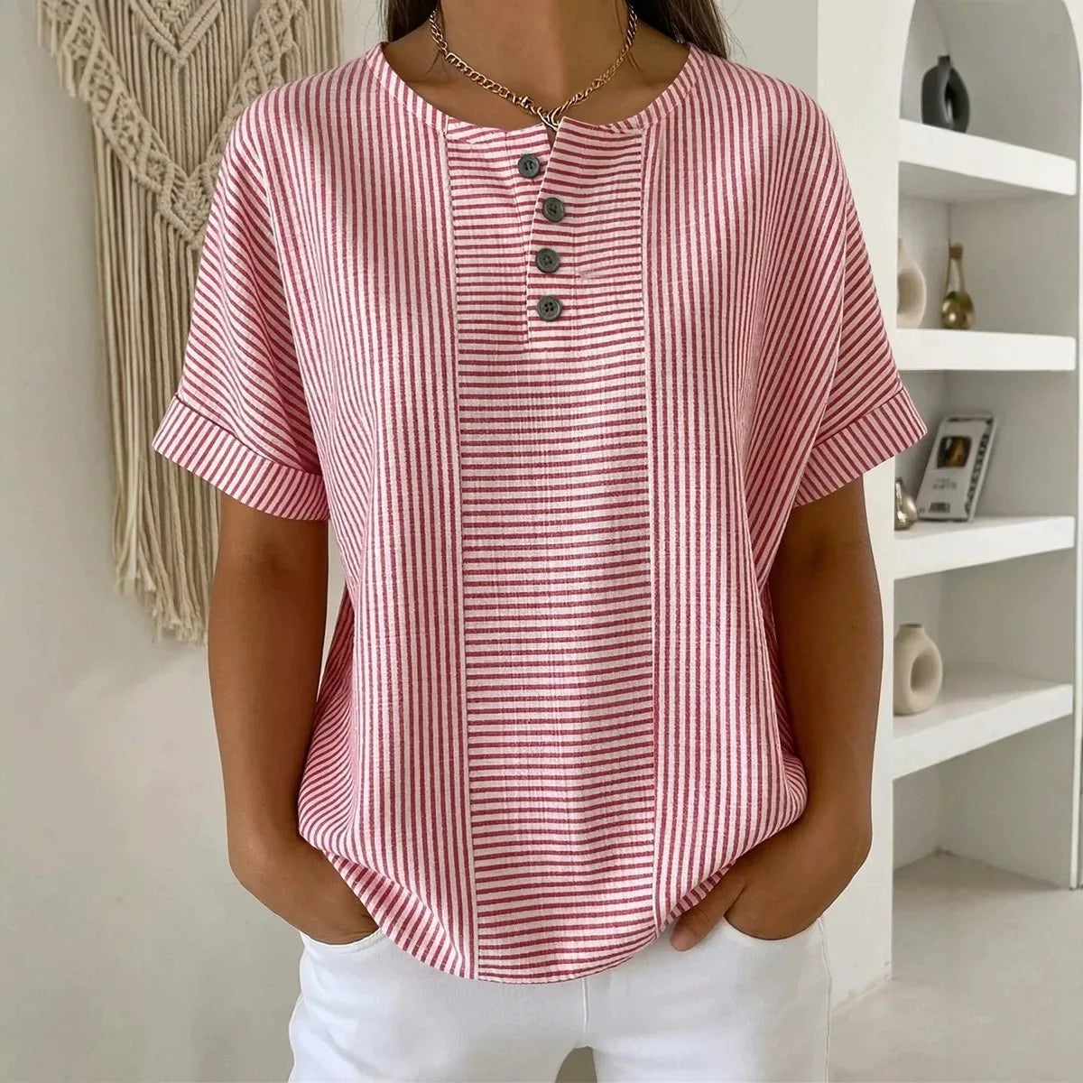 Euddora™ Blouse With Delicate Stripes and Front Buttons