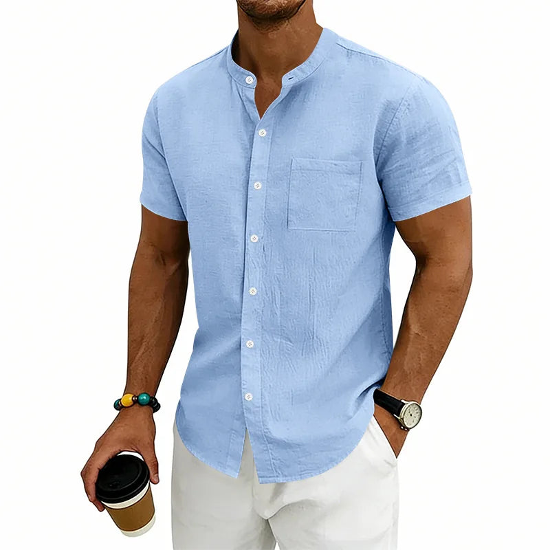 Montese™ Linen Cotton Shirt With Mandarin Collar