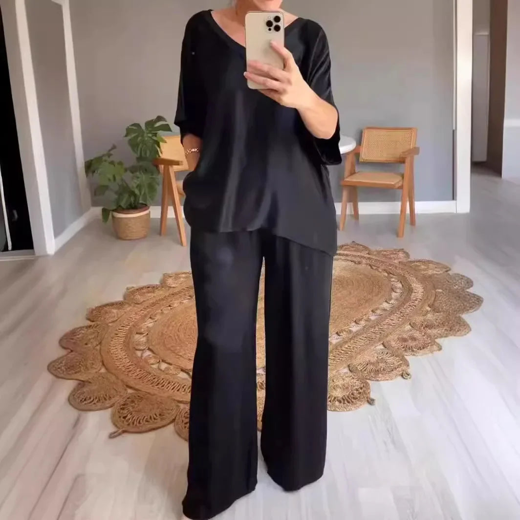 Marevielle™ Satin Set With Relaxed Blouse and Flowing Wide-Leg Pants