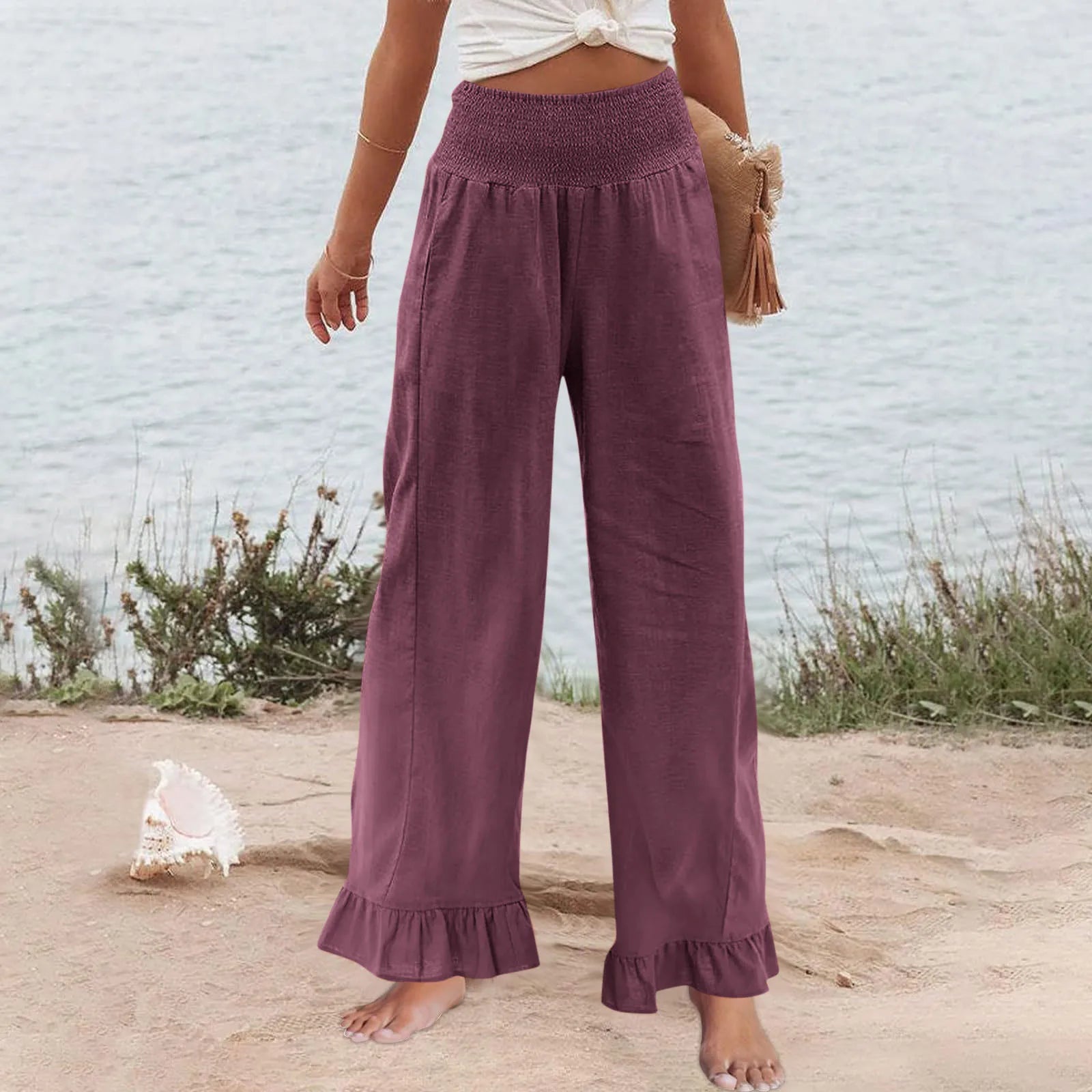 Pants Selene™ with Smocked High Waist, Linen Blend and Ruffle Hem
