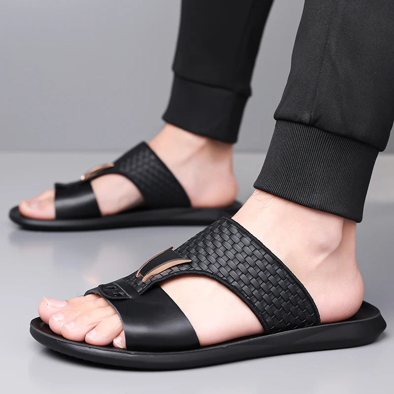 Arkon™ Woven Leather Sandals With Metallic Detail And Premium Anatomical Comfort