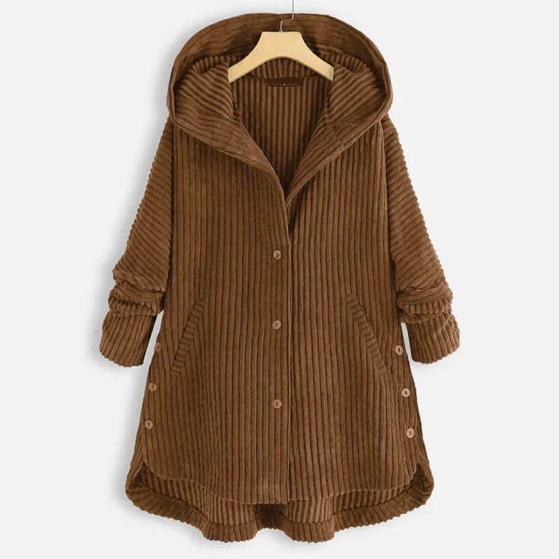 CloudWarm™ Ribbed Velvet Coat with Large Hood and Side Buttons / The Versatile Piece that Fights the Cold with Style and Practicality!