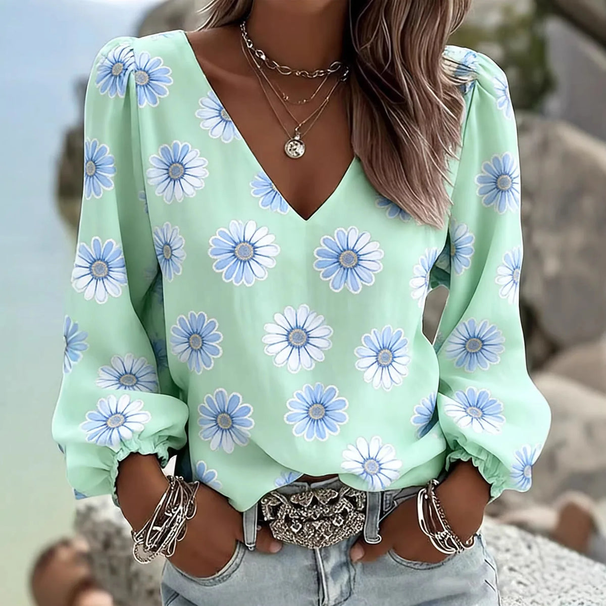 Arielle™ Blouse with V-Neck, Long Sleeves and Gathered Cuffs