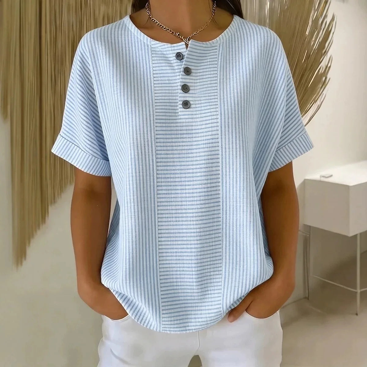 Euddora™ Blouse With Delicate Stripes and Front Buttons