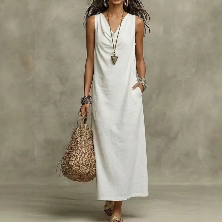 Aveline™ Long Maxi Dress in Cotton-Linen with Draped Neckline and Side Pockets