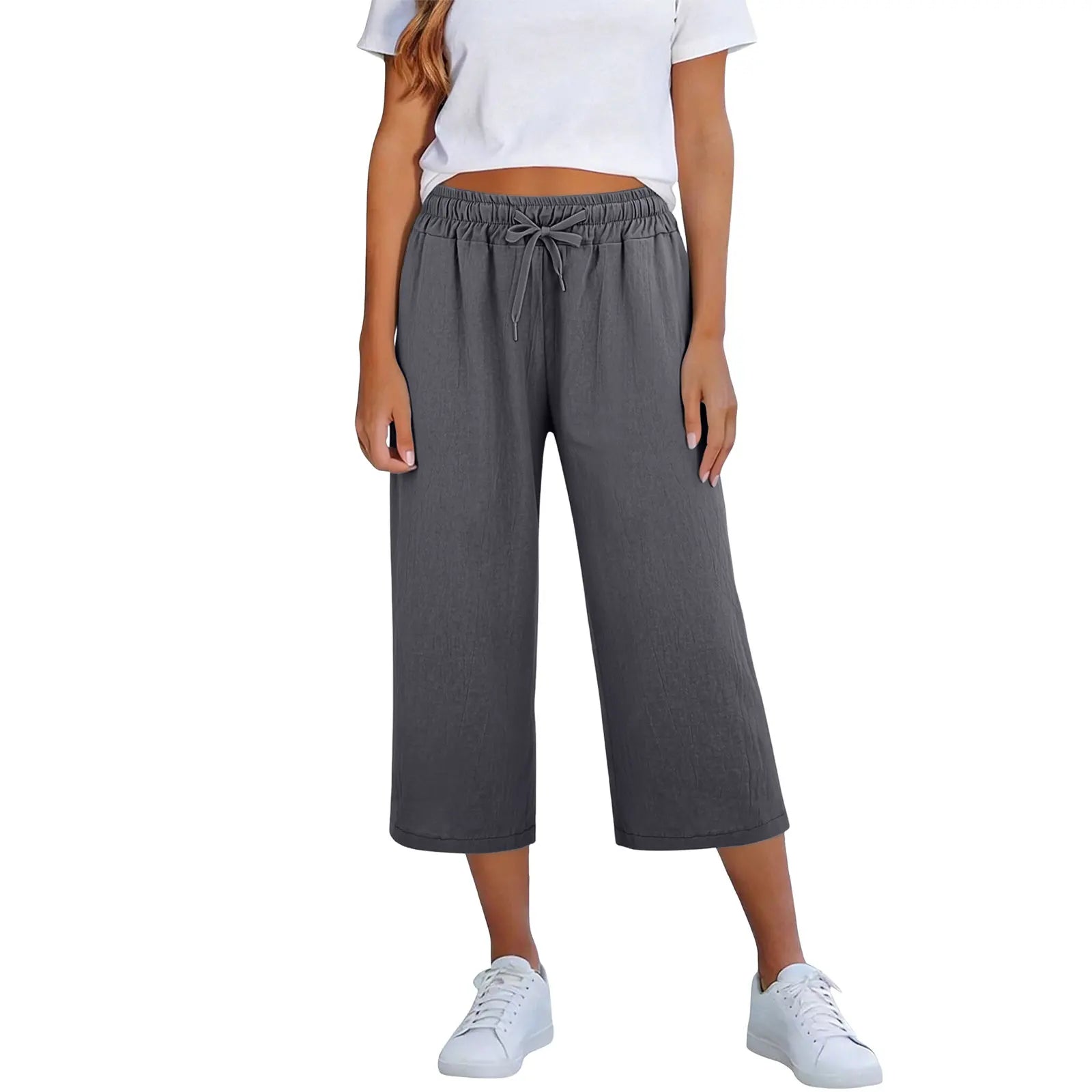 Lisia™ Cotton Linen Cropped Wide-Leg Pants With Elastic Waist And Adjustable Drawstring