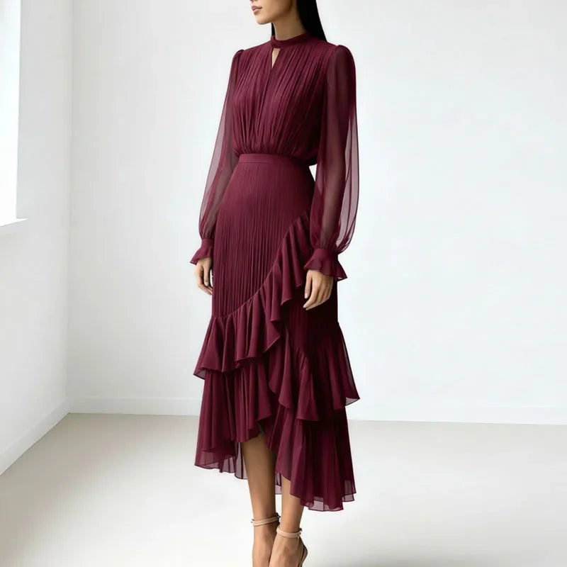 Lioren™ Dress with Sophisticated Pleats and Asymmetrical Ruffles