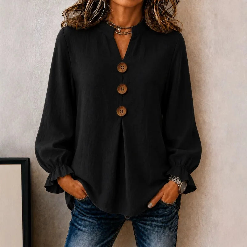 Blouse Molly™ in Linen-Cotton with Mandarin Collar, Button-Front and Ruffled Cuffs
