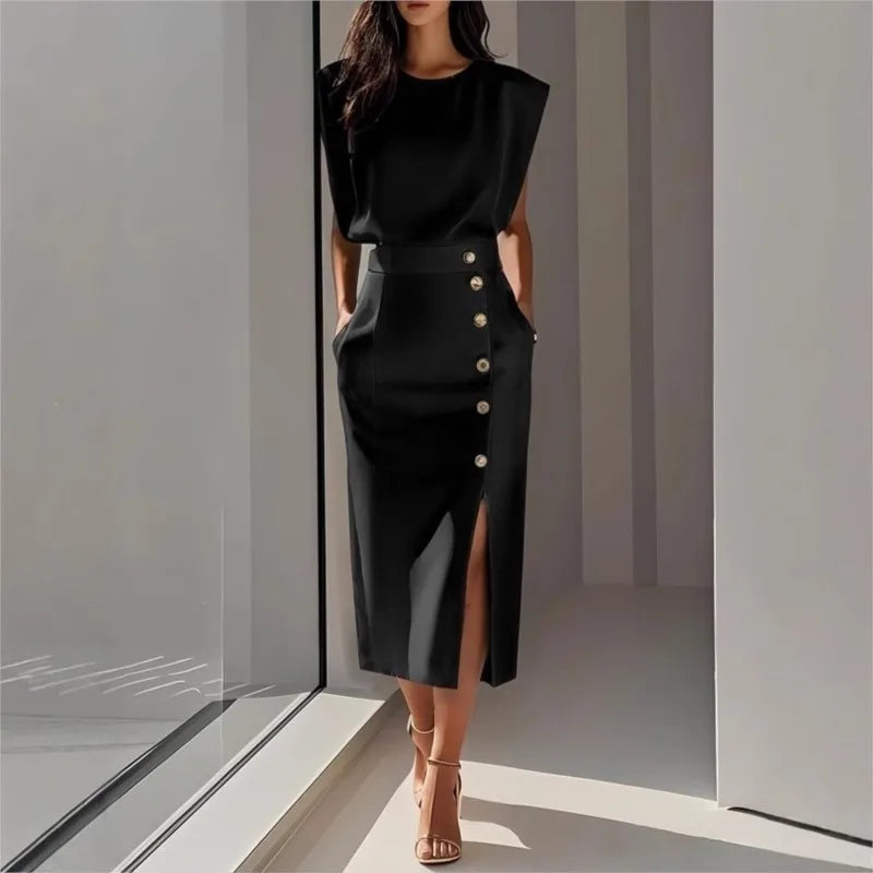 Maelle™ Midi Dress With Structured Shoulders, Side Buttons And Front Slit