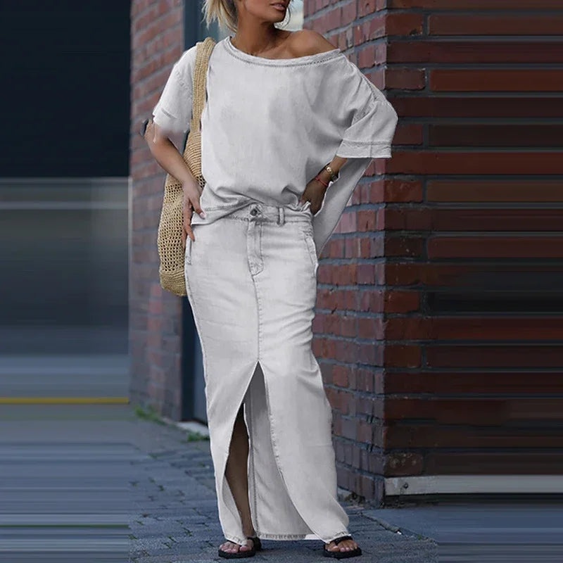 Capri Bleu™ Set with Asymmetrical Top and Lightweight Denim Skirt