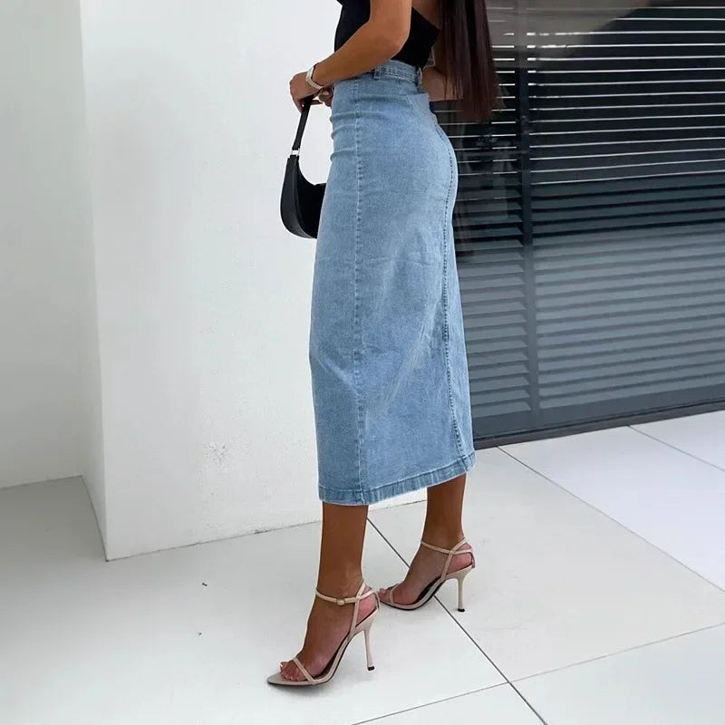 Lorena™ Denim Skirt with Front Button Closure and Elegant Slit