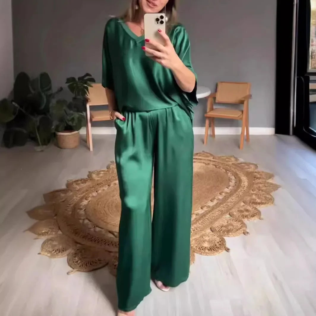 Marevielle™ Satin Set With Relaxed Blouse and Flowing Wide-Leg Pants