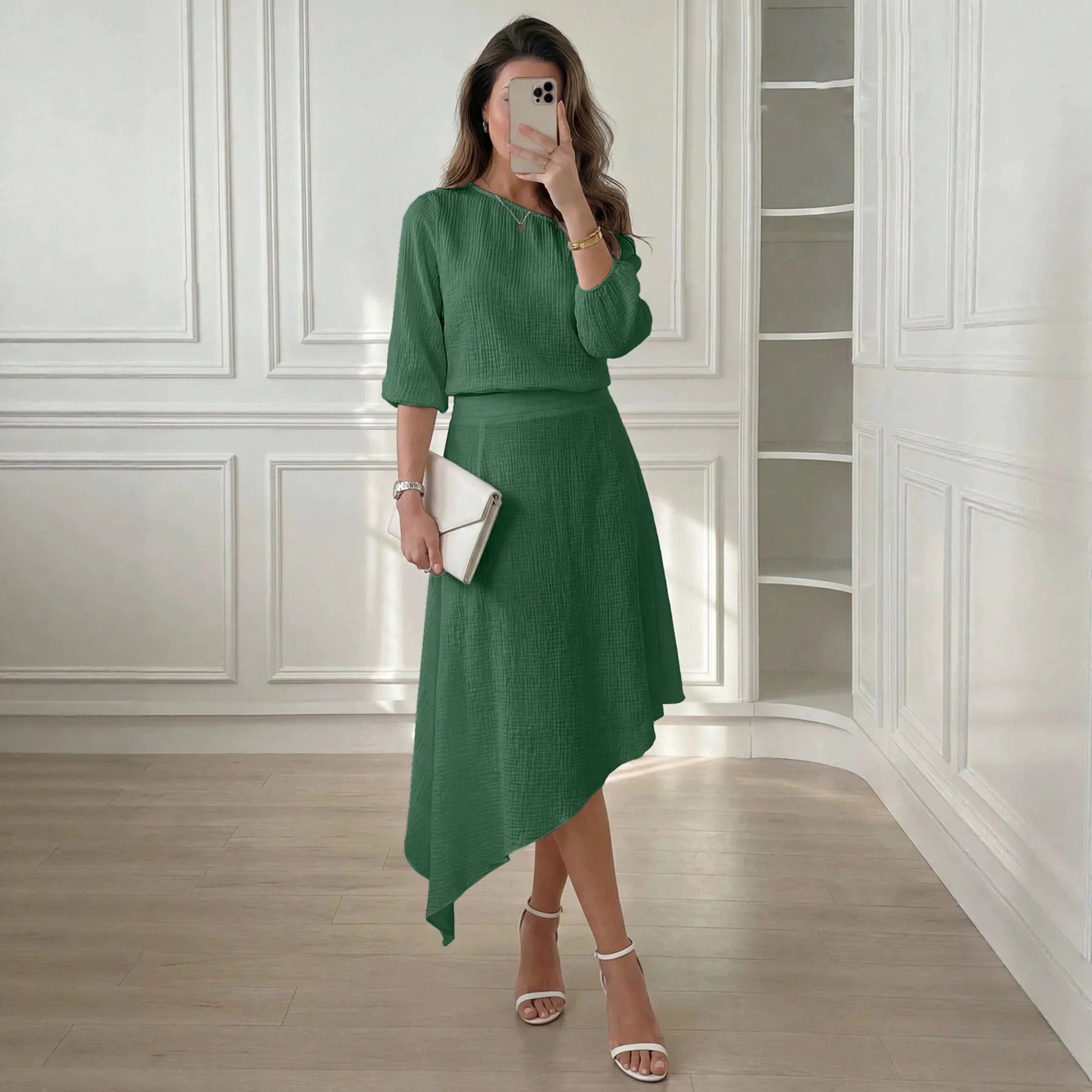 Set Emberly™ with Textured One-Shoulder Top and Flowy Midi Skirt