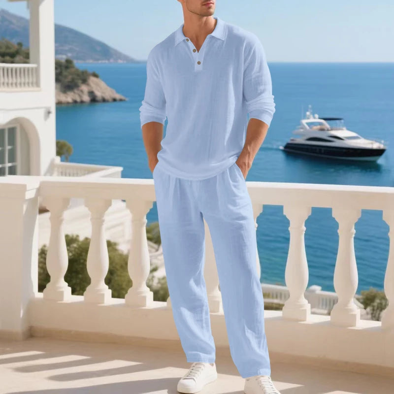 Set Sorren™ in Cotton Linen, Long-Sleeve Polo Top and Straight-Leg Pants