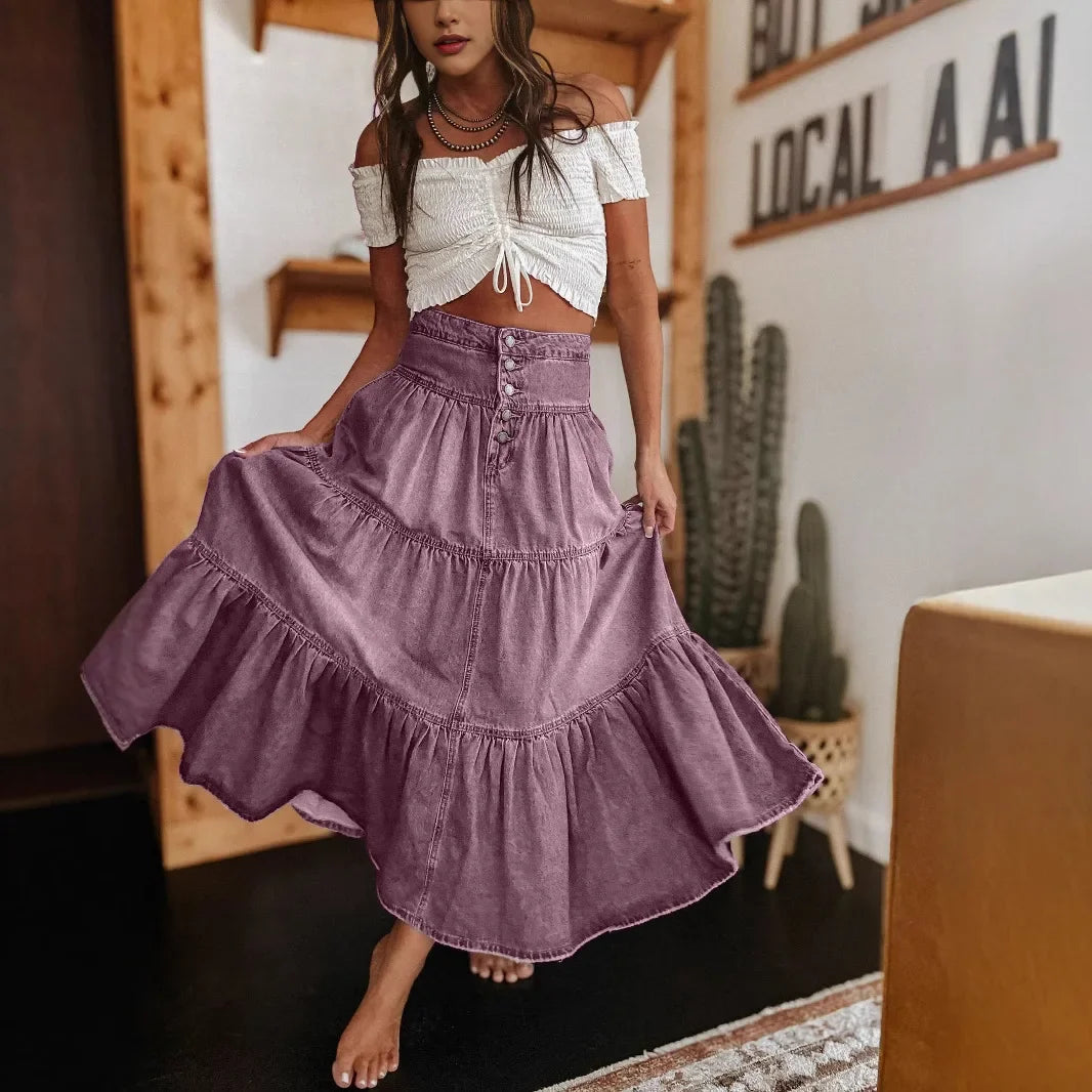Belle Prairie™ Washed Denim Skirt With Flowing Tiered Layers
