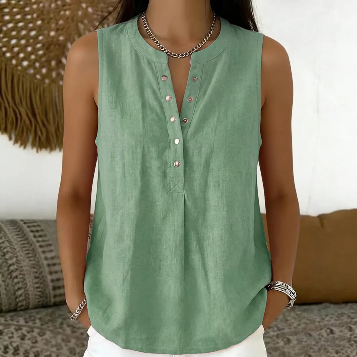 Blouse Emily™ Cotton-Linen with Round Neckline, Button-Front Detail and Sleeveless Cut