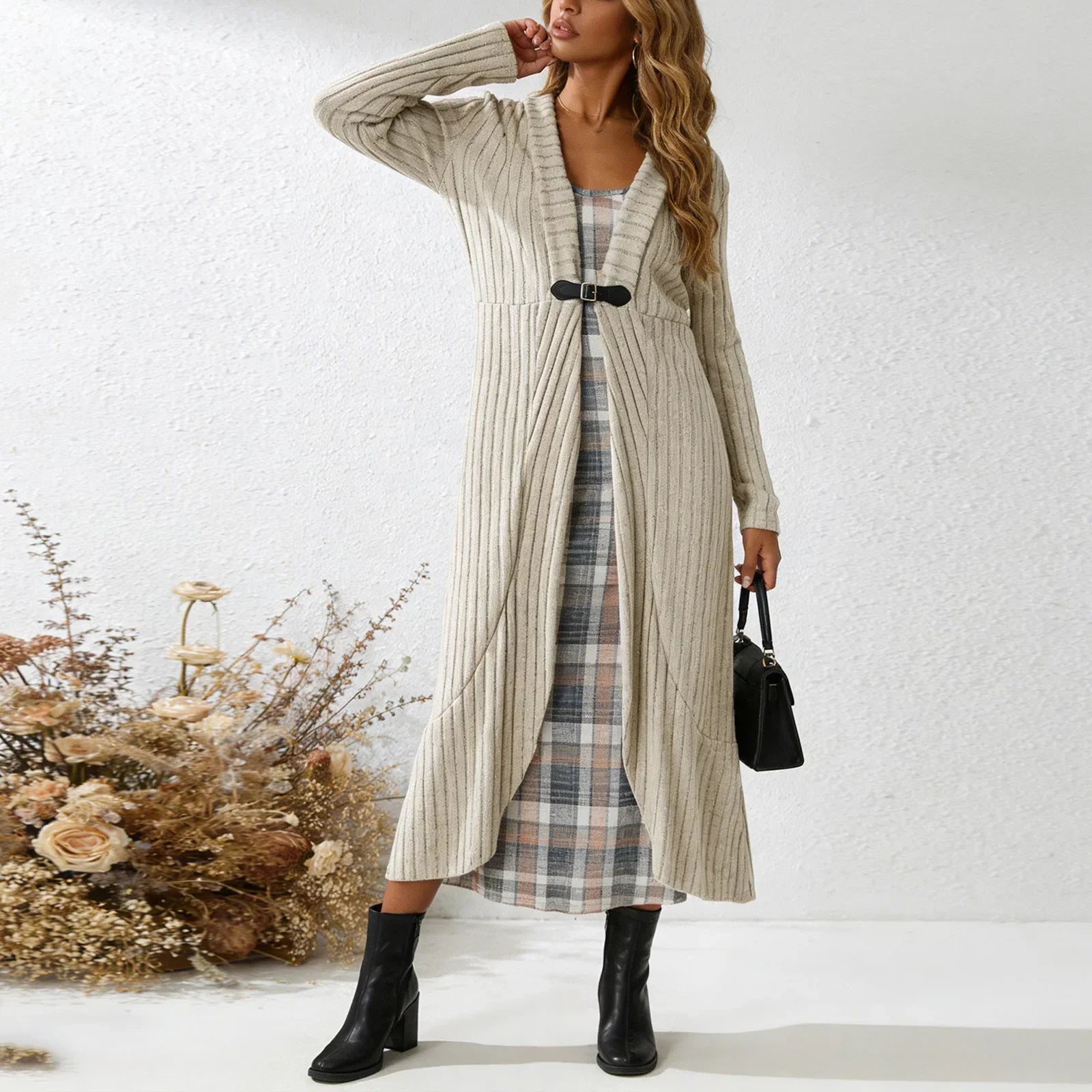 Aurenza™ Plaid Dress and Long Knit Cardigan Set