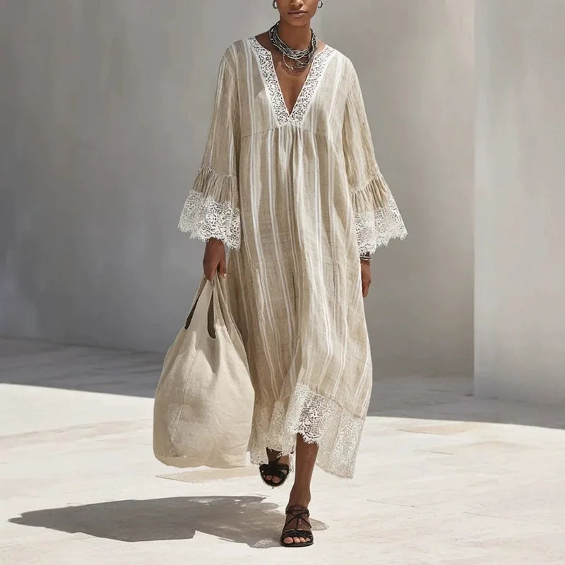 Lysandra™ Dress with Delicate Vertical Stripes and Contrast Lace Trim