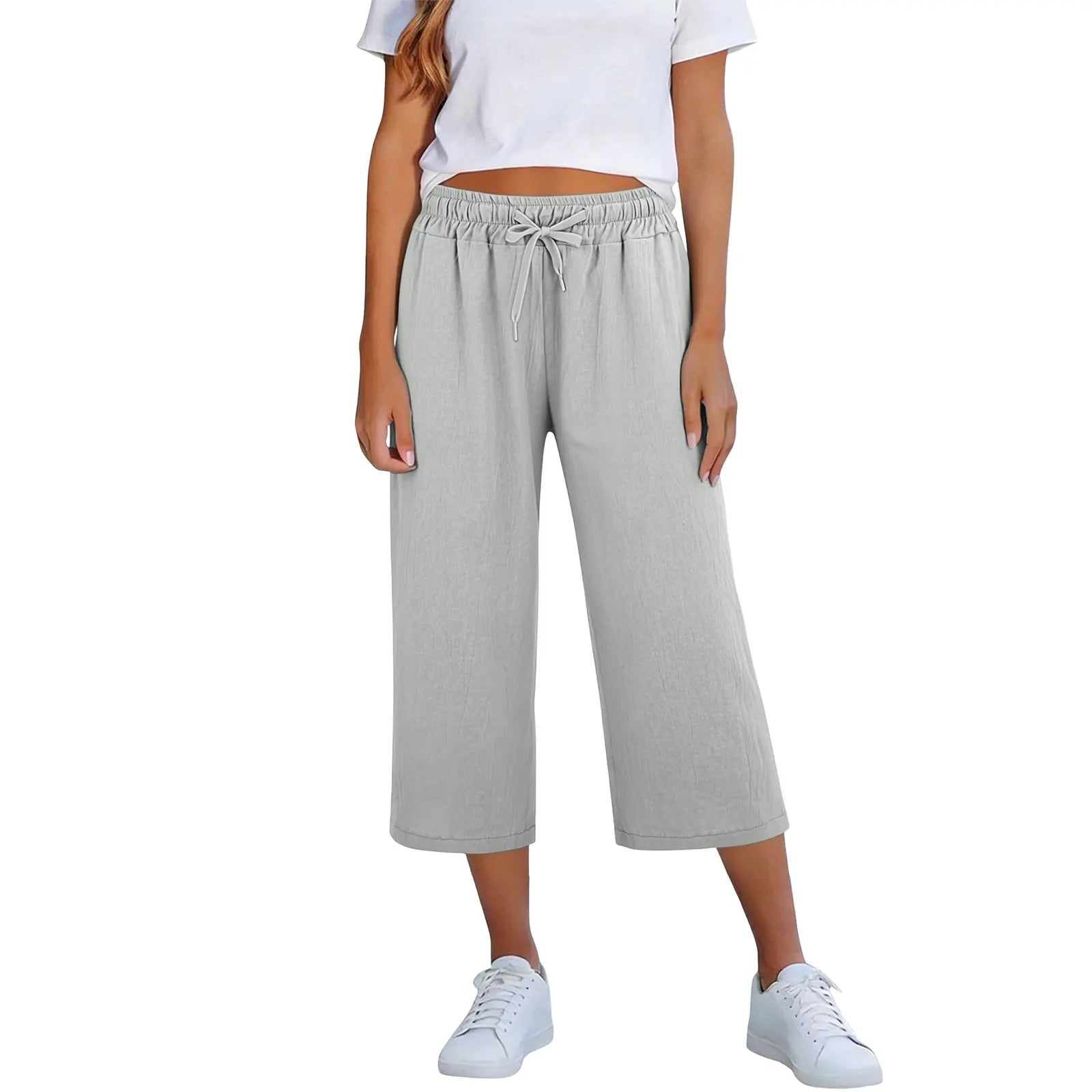 Lisia™ Cotton Linen Cropped Wide-Leg Pants With Elastic Waist And Adjustable Drawstring