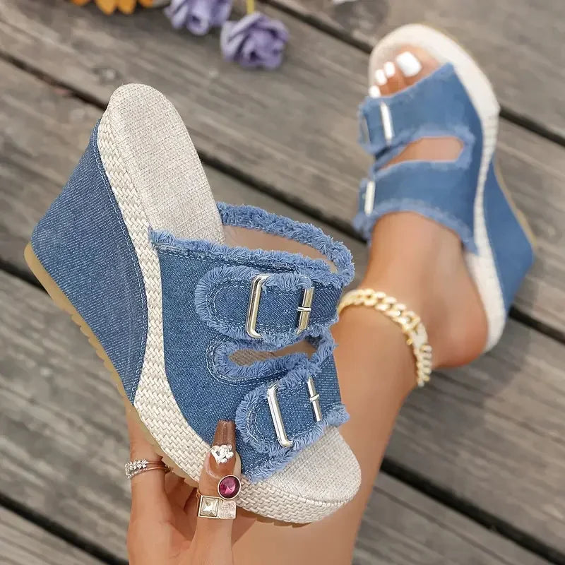 Zafira™ Wedge Mules with Double Buckles and Denim Design