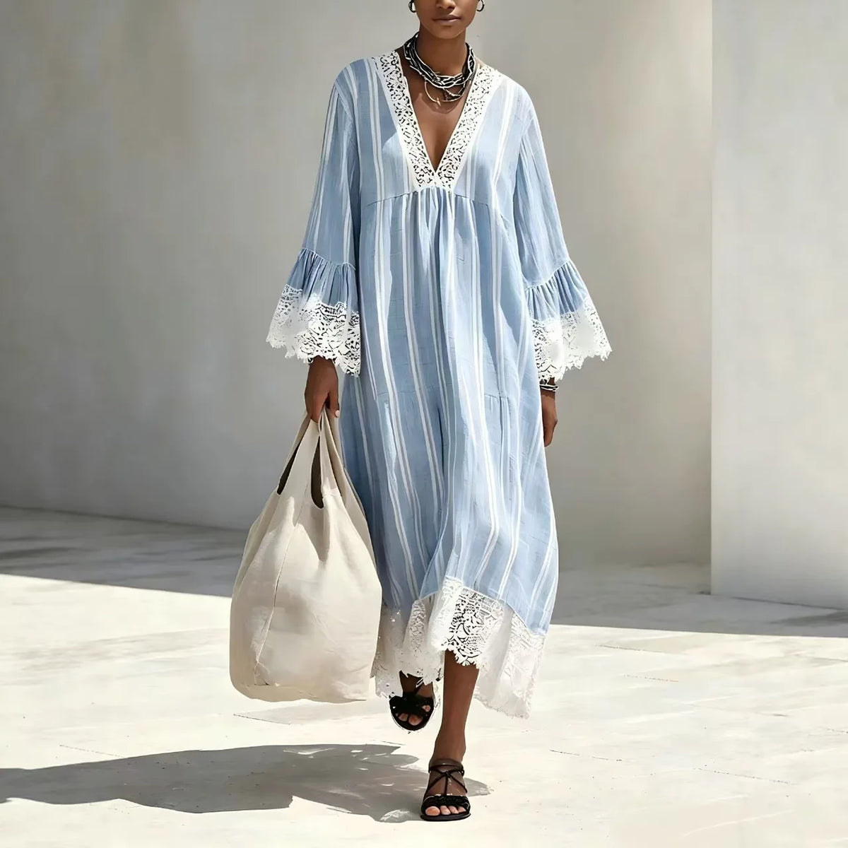 Lysandra™ Dress with Delicate Vertical Stripes and Contrast Lace Trim