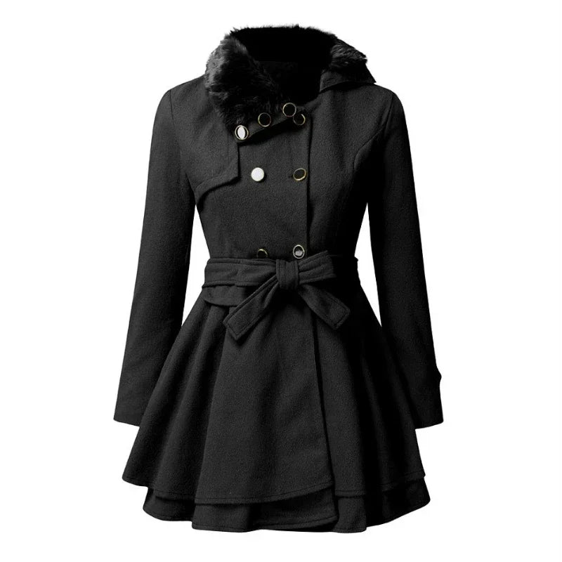 Bellavienne™ Coat With Faux Fur Collar and Tailored Waist Fit