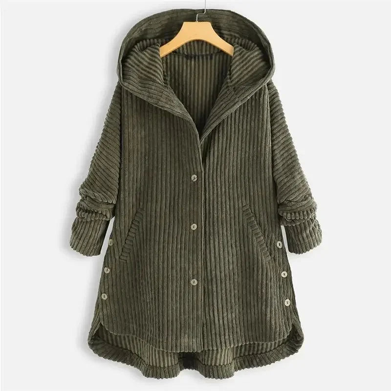 CloudWarm™ Ribbed Velvet Coat with Large Hood and Side Buttons / The Versatile Piece that Fights the Cold with Style and Practicality!