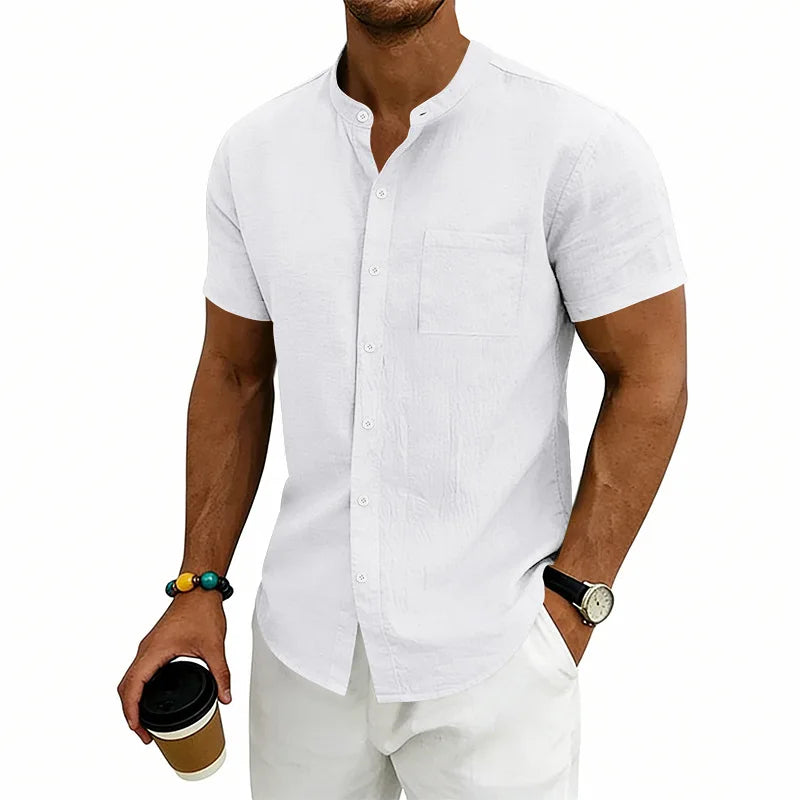 Montese™ Linen Cotton Shirt With Mandarin Collar