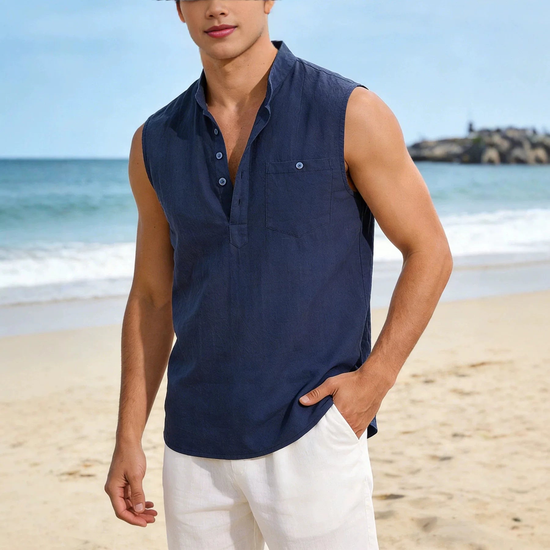 Sebastien™ Cotton Linen Tank Top with a Mandarin Collar