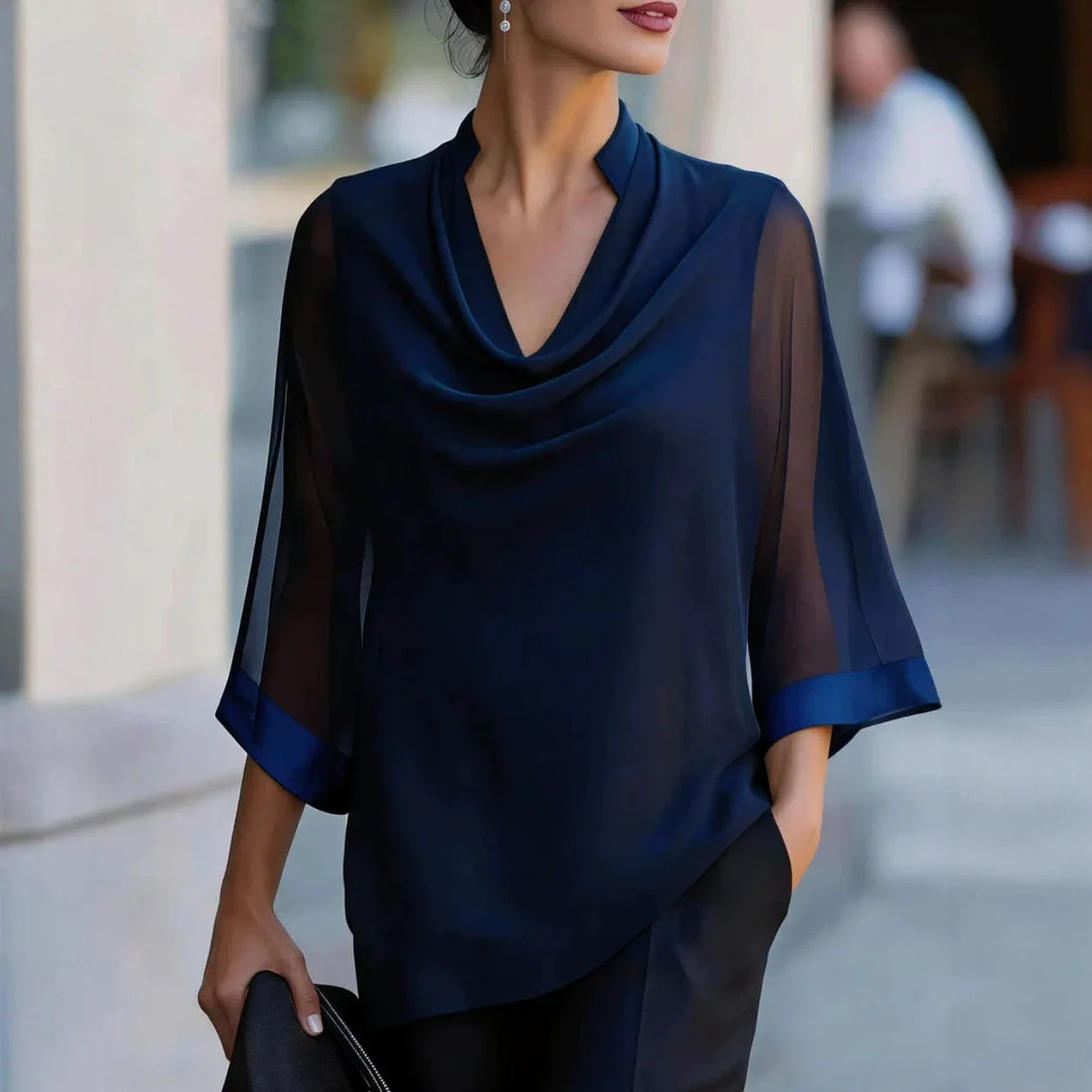 Blouse Belgrave™ with Draped Cowl Neck, Sheer Sleeves and Relaxed Fit