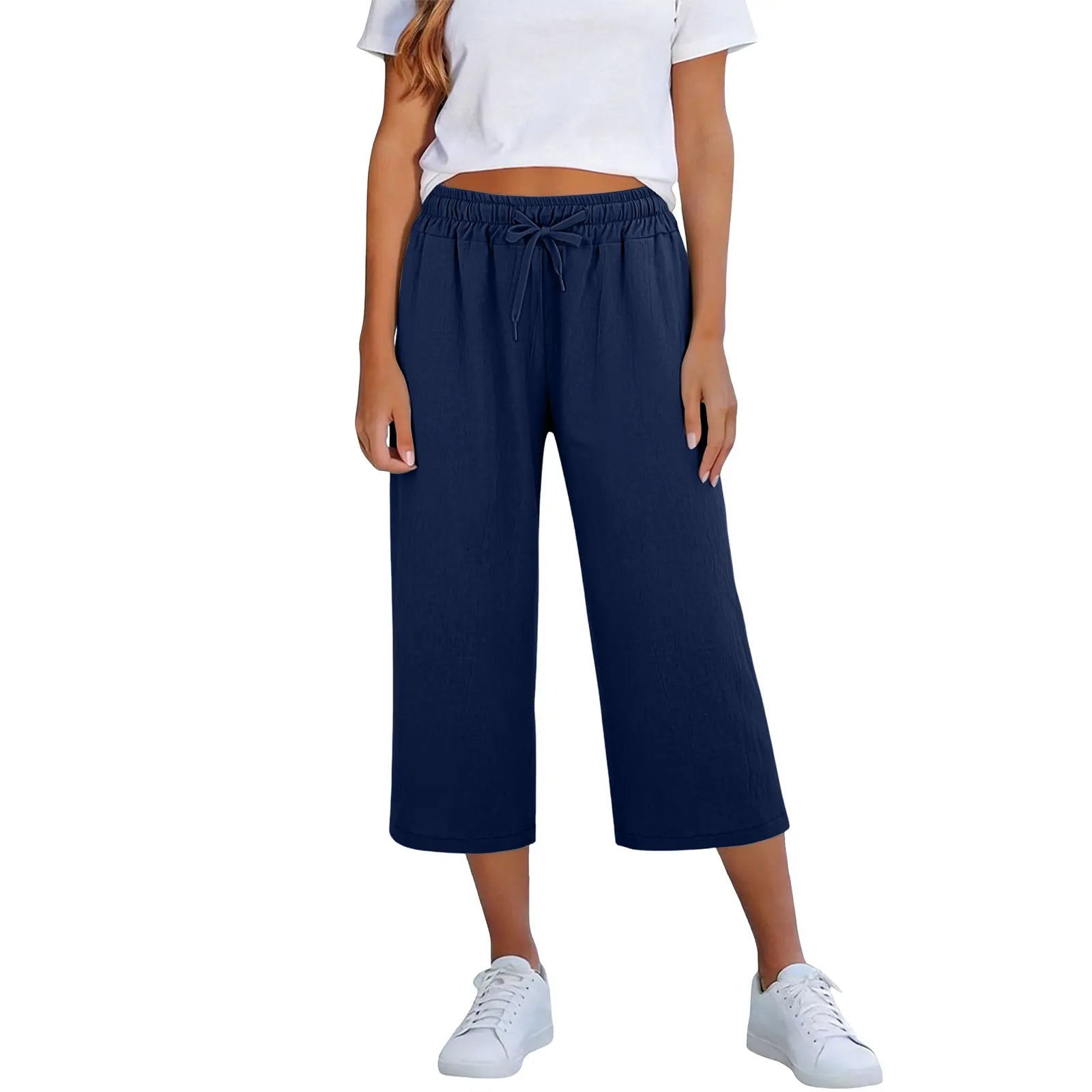 Lisia™ Cotton Linen Cropped Wide-Leg Pants With Elastic Waist And Adjustable Drawstring