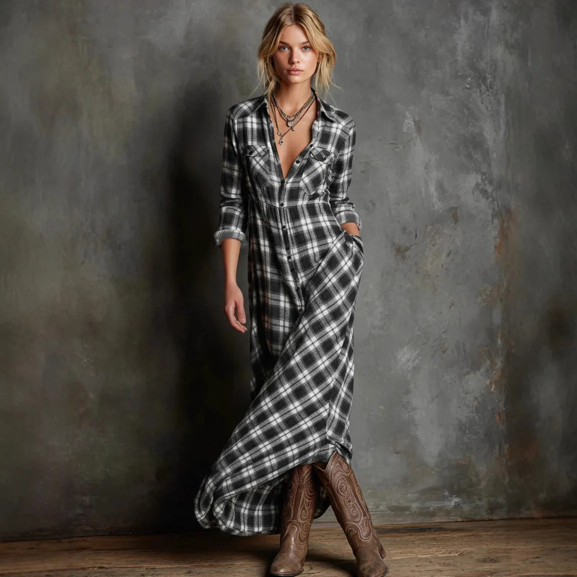 Valdine™ Long-Sleeve Plaid Maxi Dress with Front Buttons