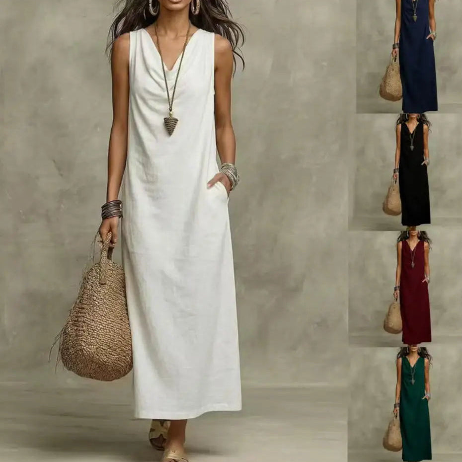 Aveline™ Long Maxi Dress in Cotton-Linen with Draped Neckline and Side Pockets