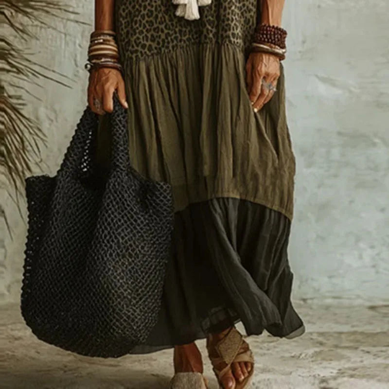 Dress Arden™ with a Deep V-Neck, Leopard Bodice and Tiered Skirt