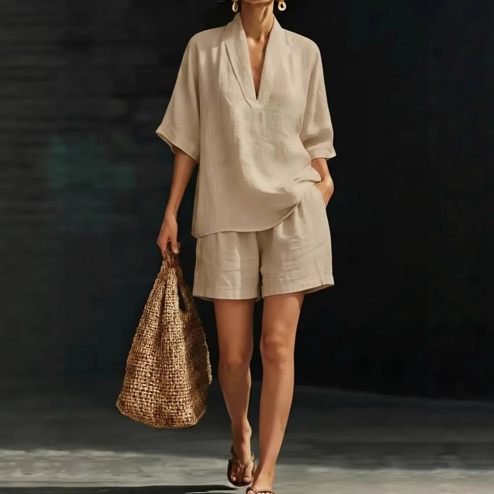Ayla™ Cotton-Linen Set with V-Neck Blouse