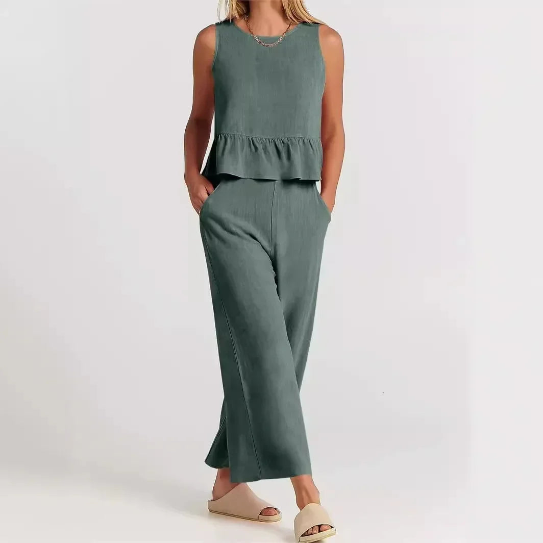 Agatha™ Mixed Linen Set with Ruffles and Wide-Leg Pants / Elegant Minimalism for Stylish Women!