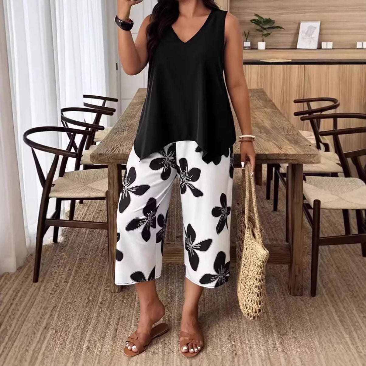Nerina™ Asymmetric Sleeveless Top Set With Floral Cropped Wide-Leg Pants