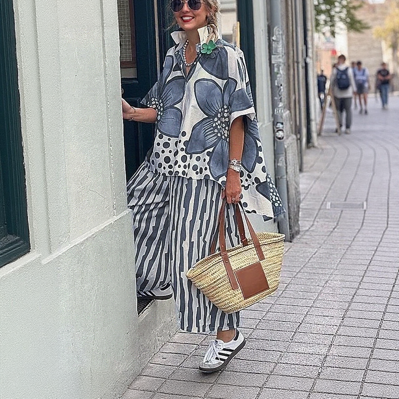 Vionelle™ Floral Shirt Set With Striped Relaxed-Fit Pants