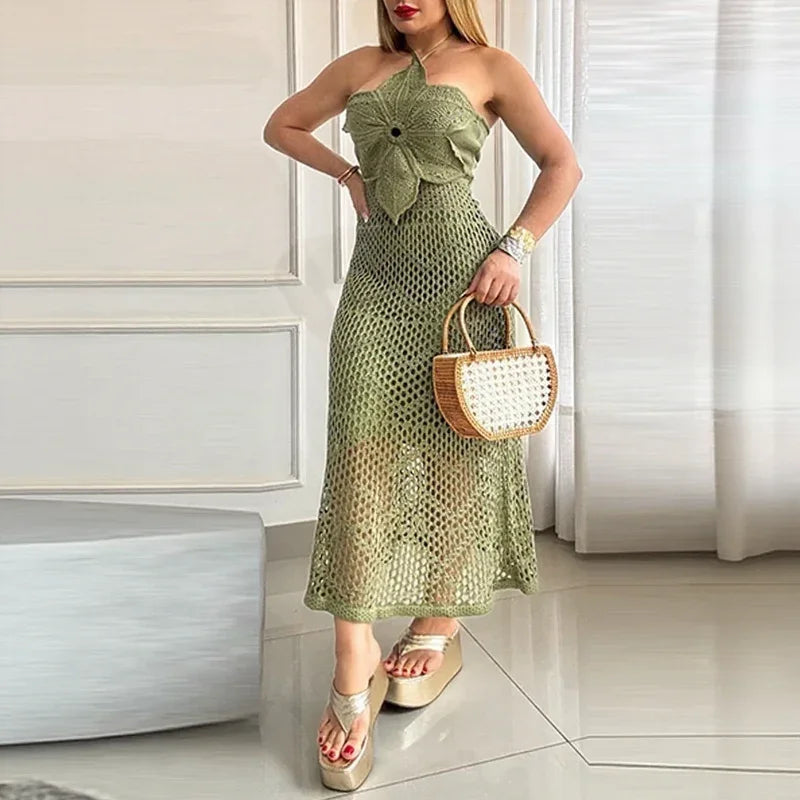 Solenne™ Openwork Knit Dress with Flower Detail / Handcrafted Charm that Brightens Your Summer!