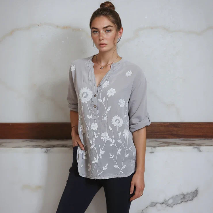 Raniero™ Blouse in Cotton Linen with Delicate Floral Embroidery / Handcrafted Sophistication that Transforms Casual into Elegant!